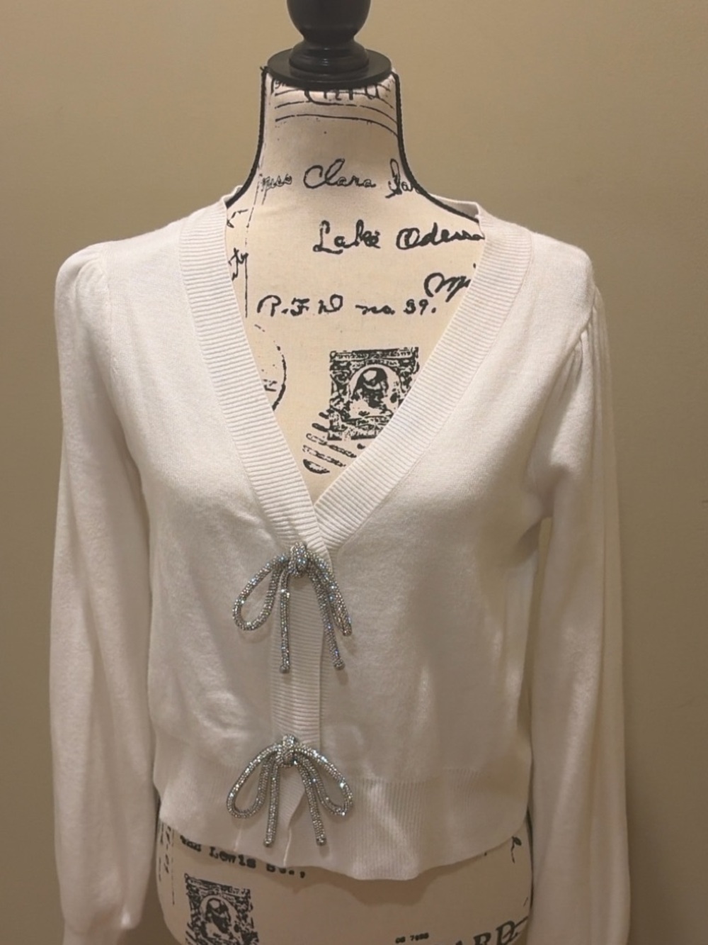 Belldini White Cardigan Rhinestone Bow Tie Front Lightweight Knit Size M